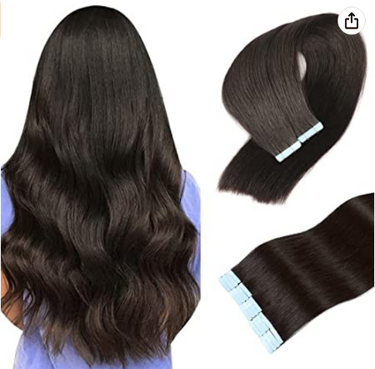 Tape-In 100% Human Hair Extension 18", Natural Black #1B