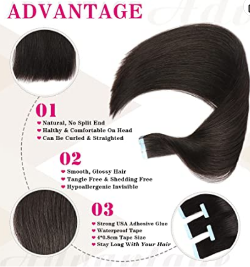 Tape-In 100% Human Hair Extension 18", Natural Black #1B